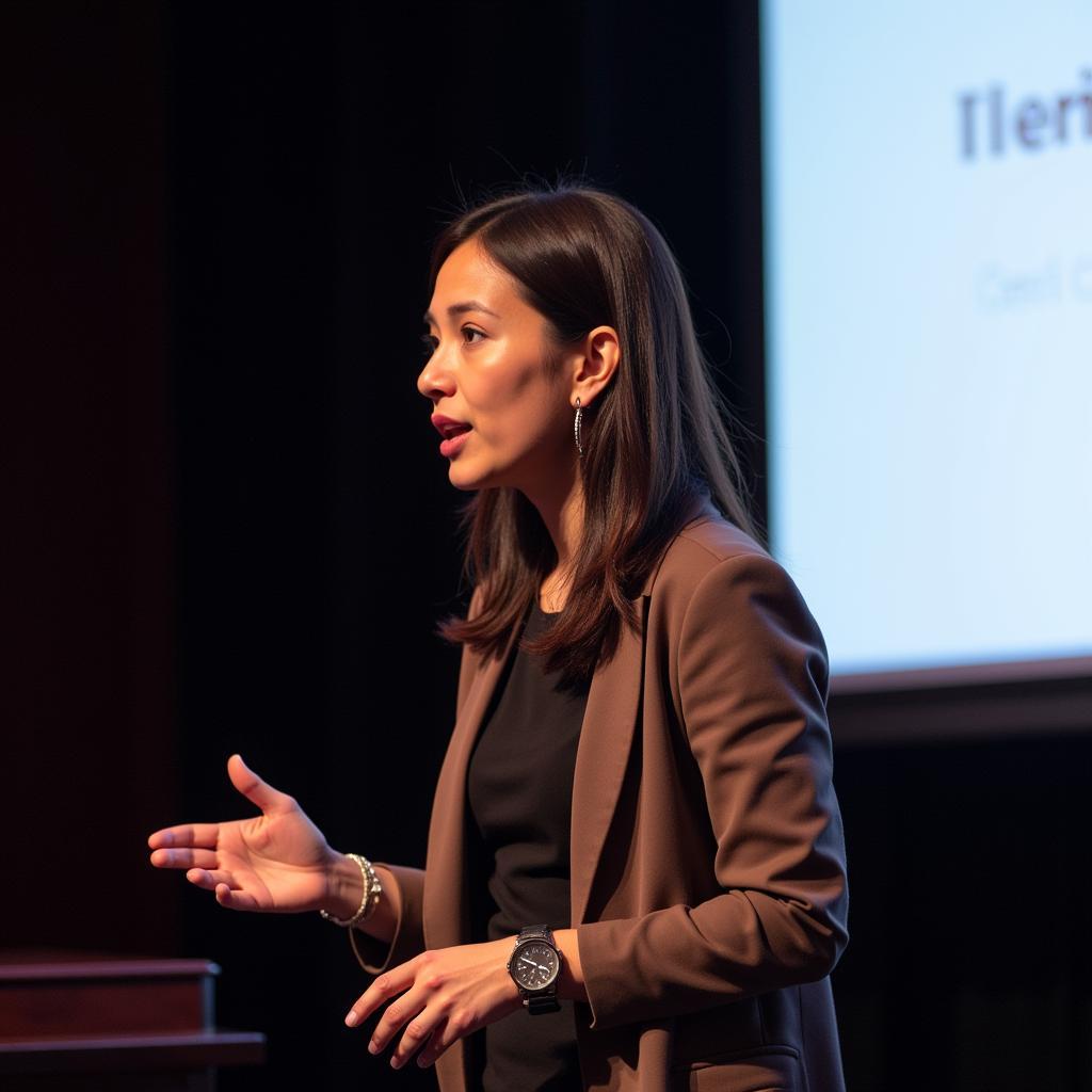 Angie Avila Ases presenting at a media conference.