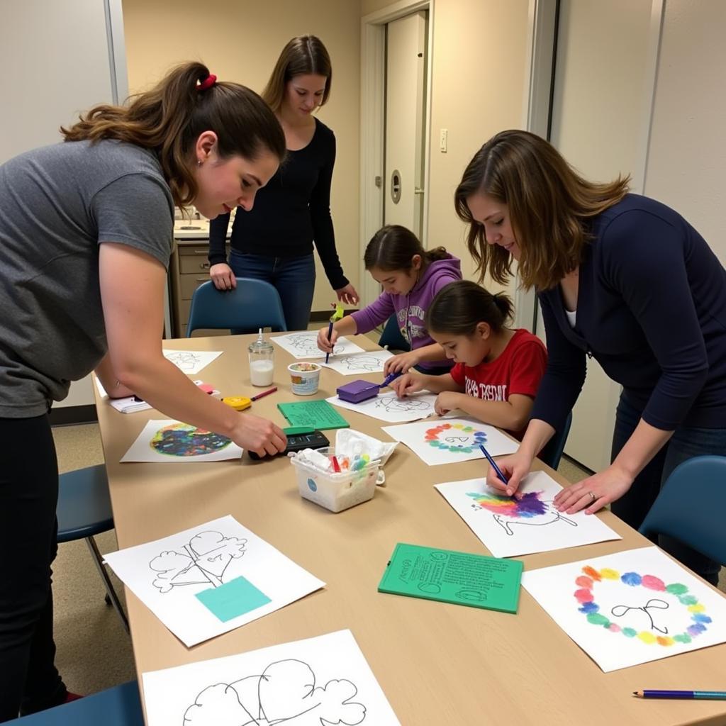 Parent volunteers assisting students with an art project during an Arcola Elementary ASE session.