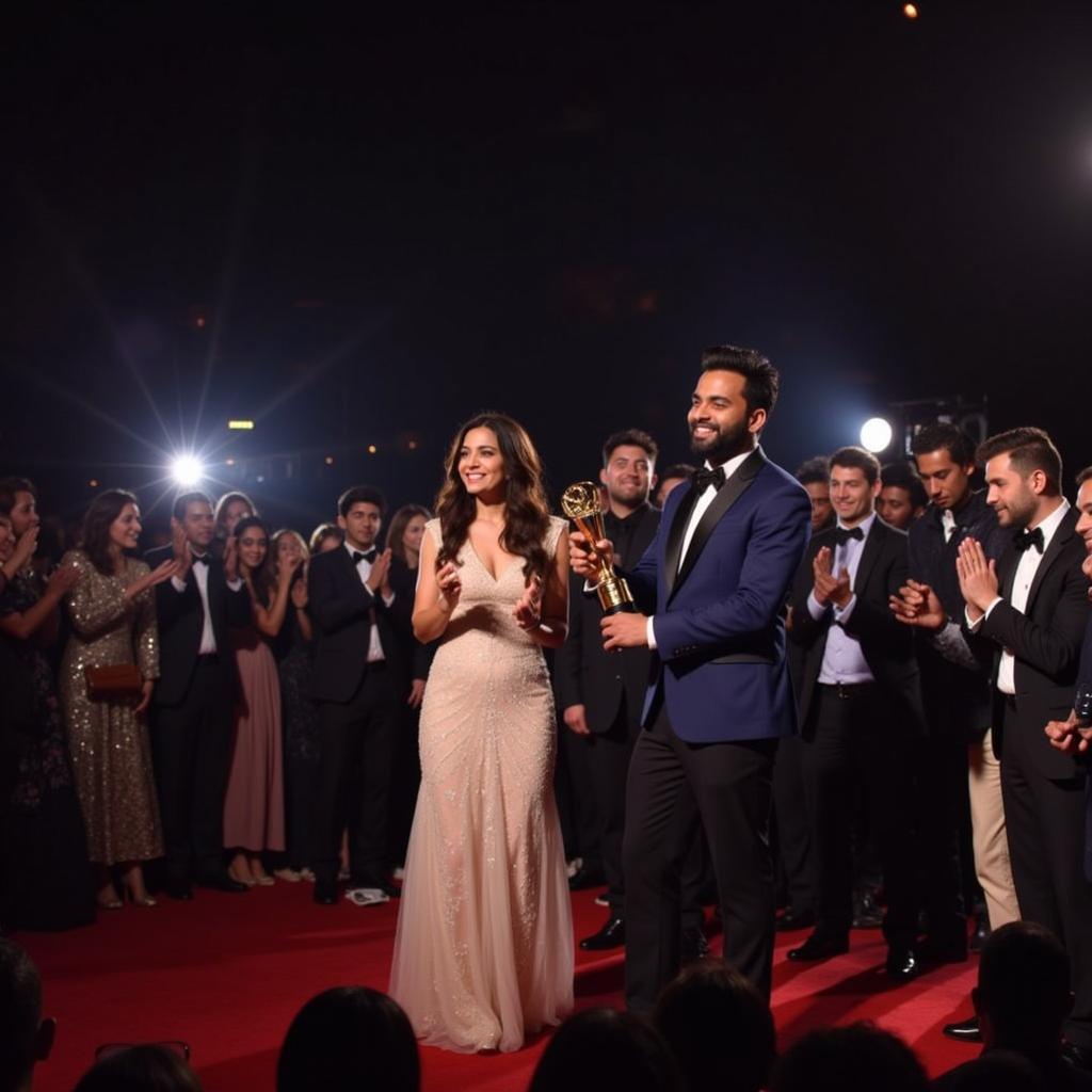 Arijit Singh and Asees Kaur receiving a music award on stage