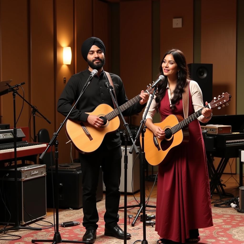 Arijit Singh and Asees Kaur recording a song in a professional studio