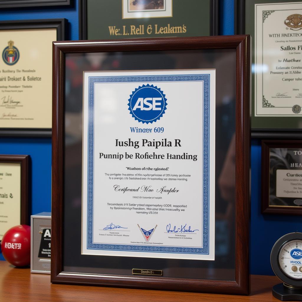 ASE 609 Certificate Displayed in Workshop