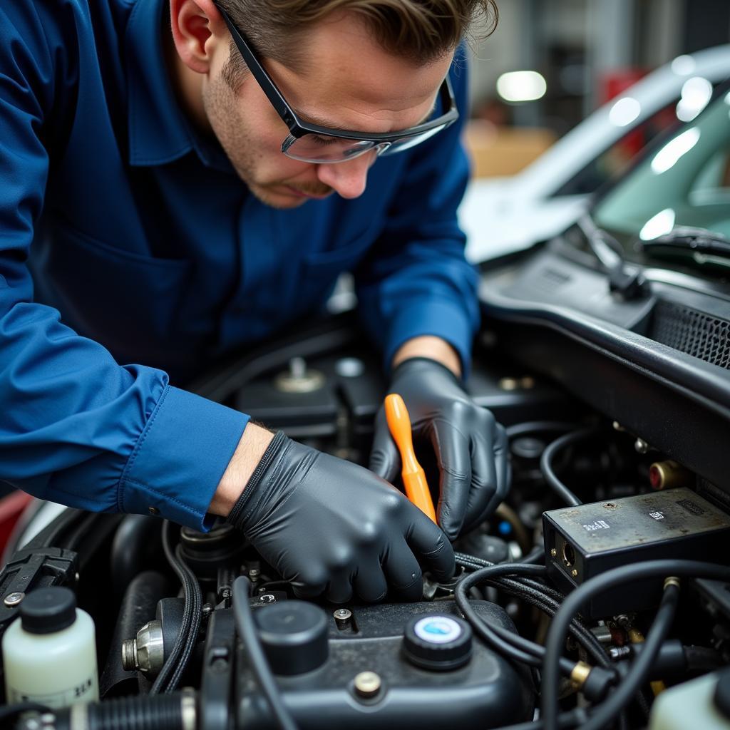 ASE A10 Certified Technician Working on Engine