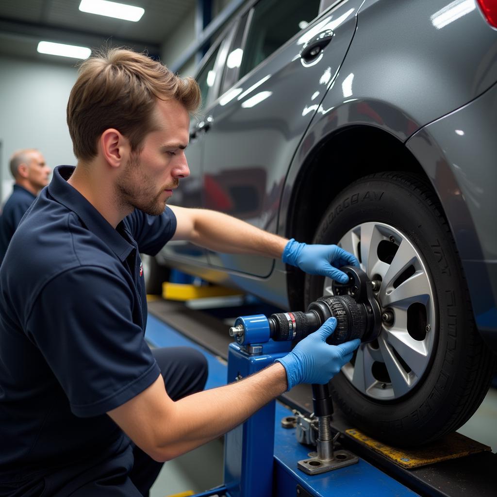 ASE A4 Technician Performing Wheel Alignment