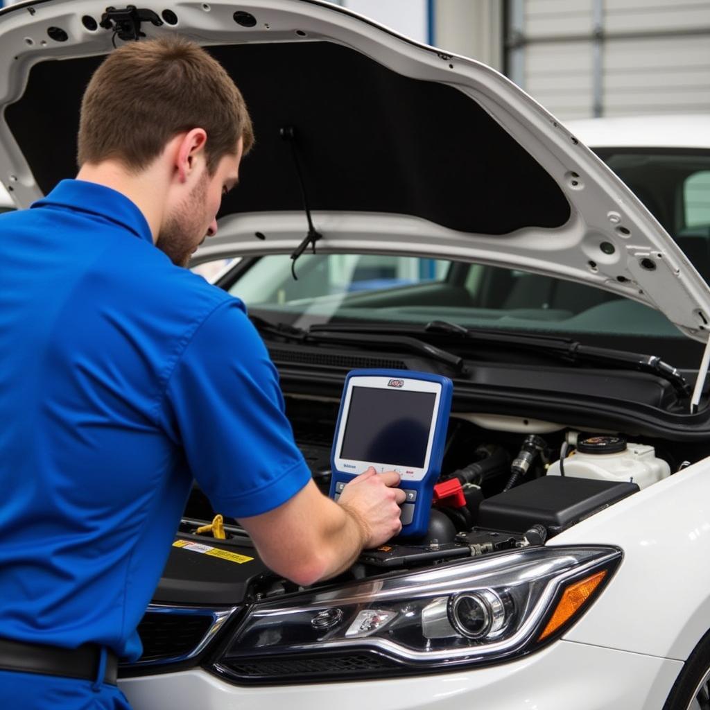 ASE A8 Certified Technician Working on Engine