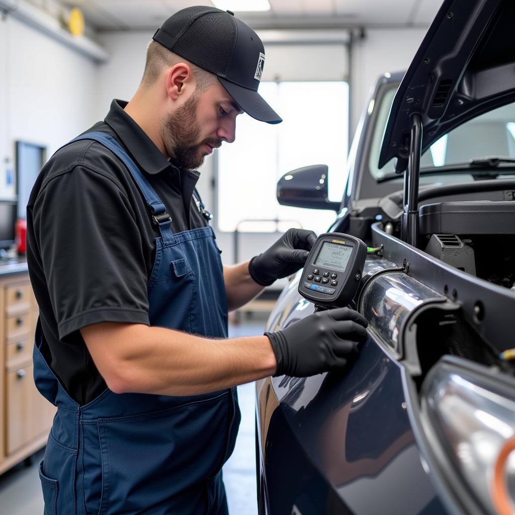 ASE AC Recovery Test: Technician Working