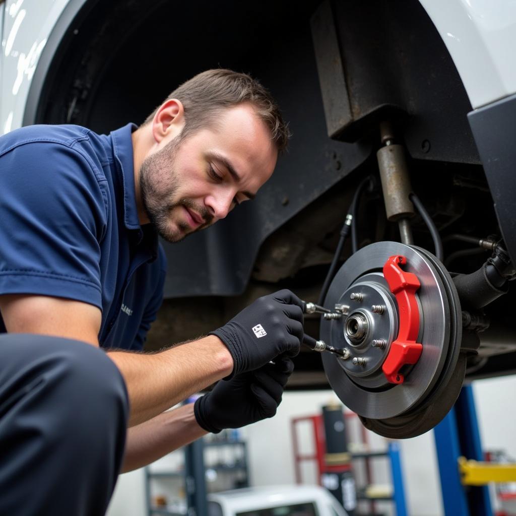 ASE Brake Certification Training: Technician working on brake system