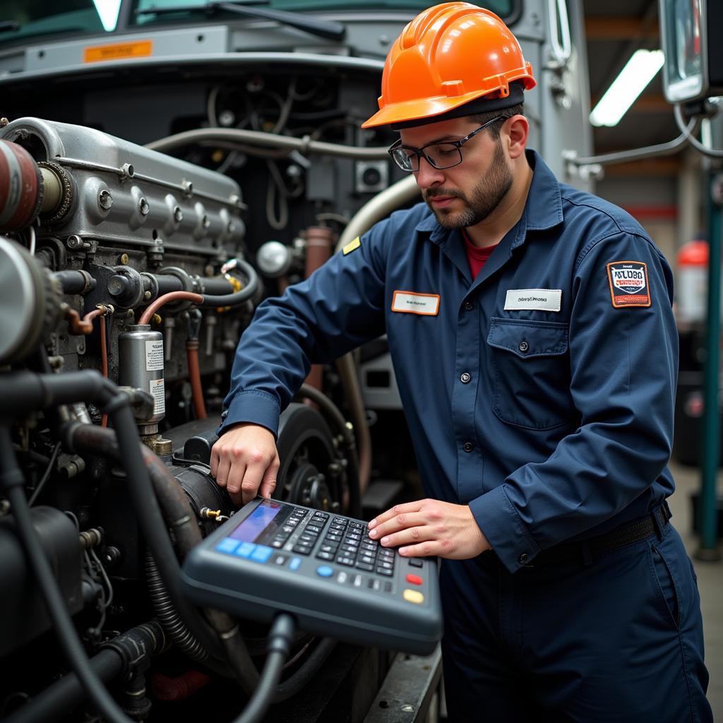 ASE Certified Diesel Mechanic Working on a Truck Engine