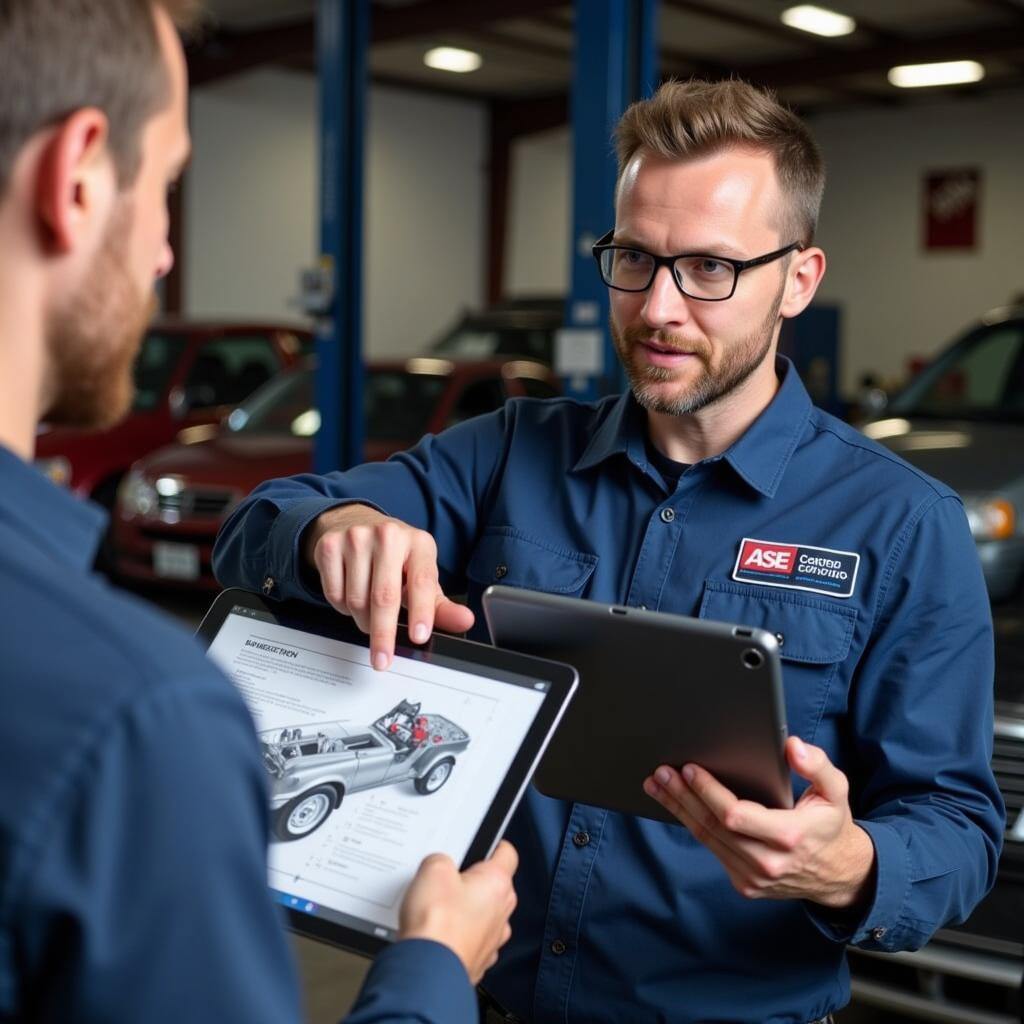 ASE-Certified Mechanic Explaining Car Repair to Customer