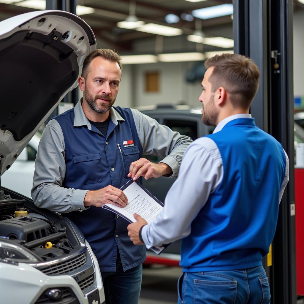 ASE Certified Mechanic Explaining Car Repair to Customer