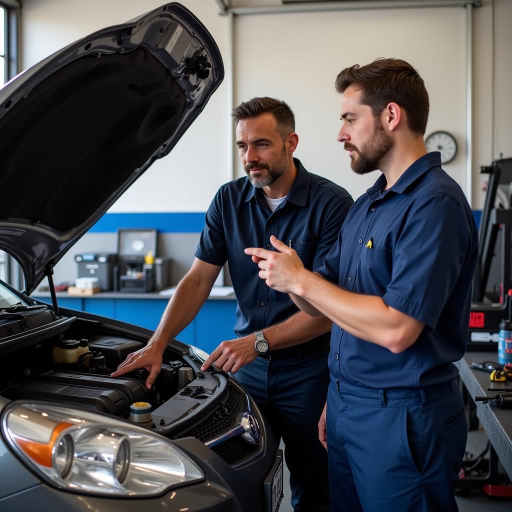 ASE Certified Mechanic Explaining Car Repair to Customer in Tucson