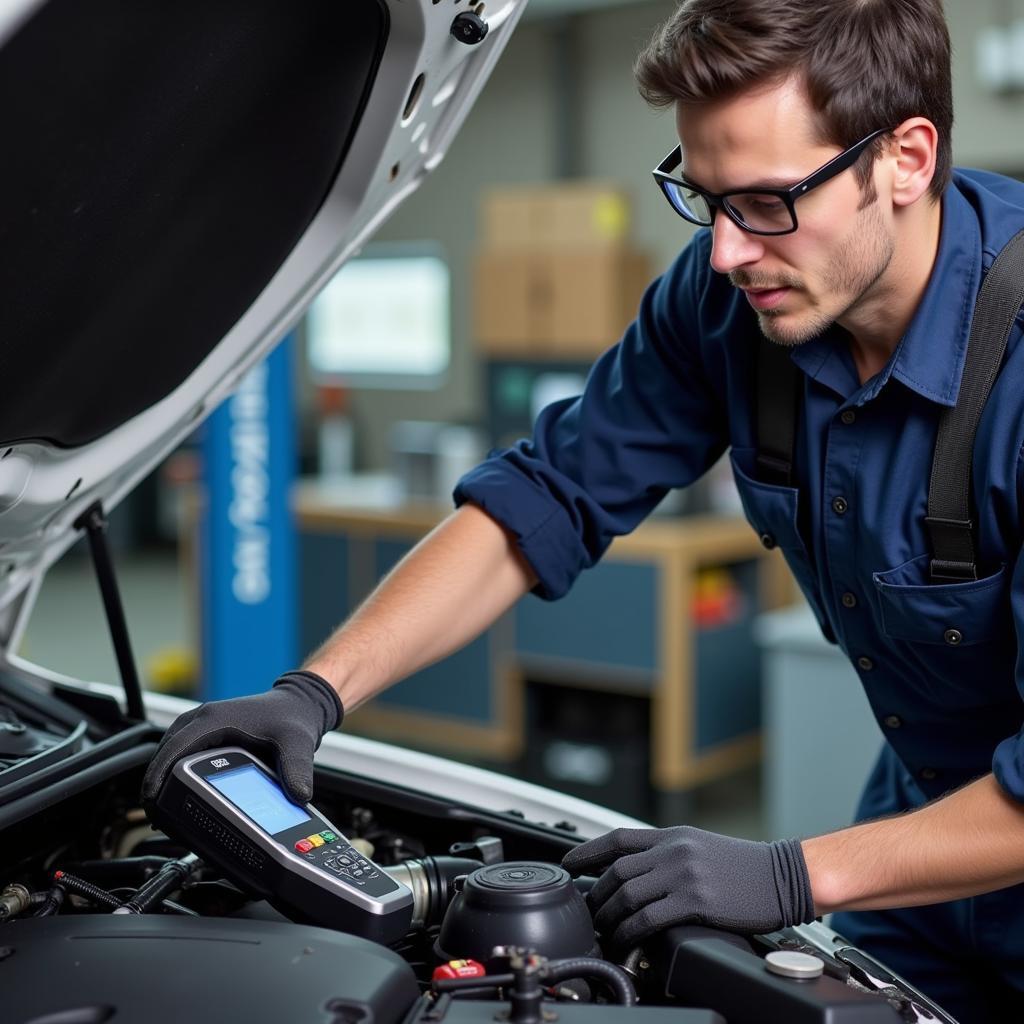 ASE Certified Mechanic Performing Diagnostics on a Car Engine