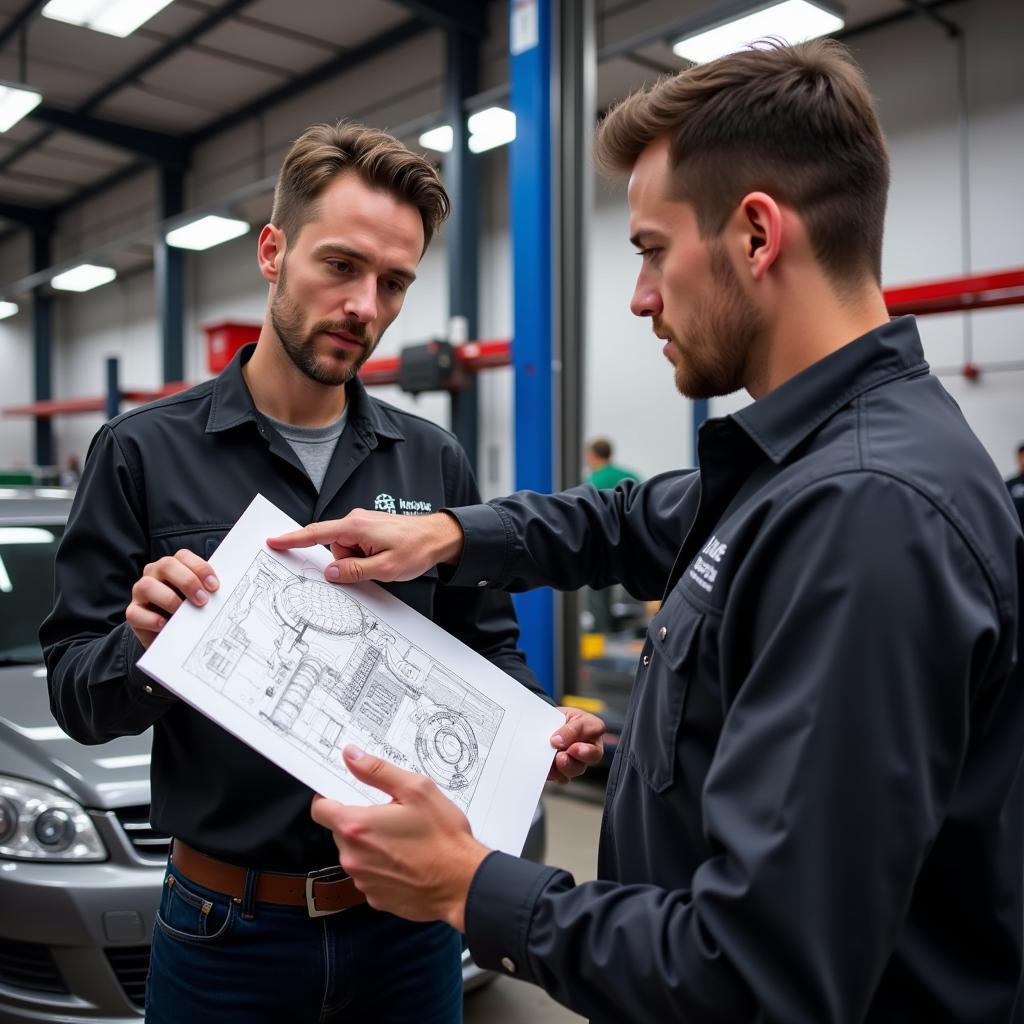 ASE Certified Mechanic in Santa Fe Explaining Car Repair to Customer