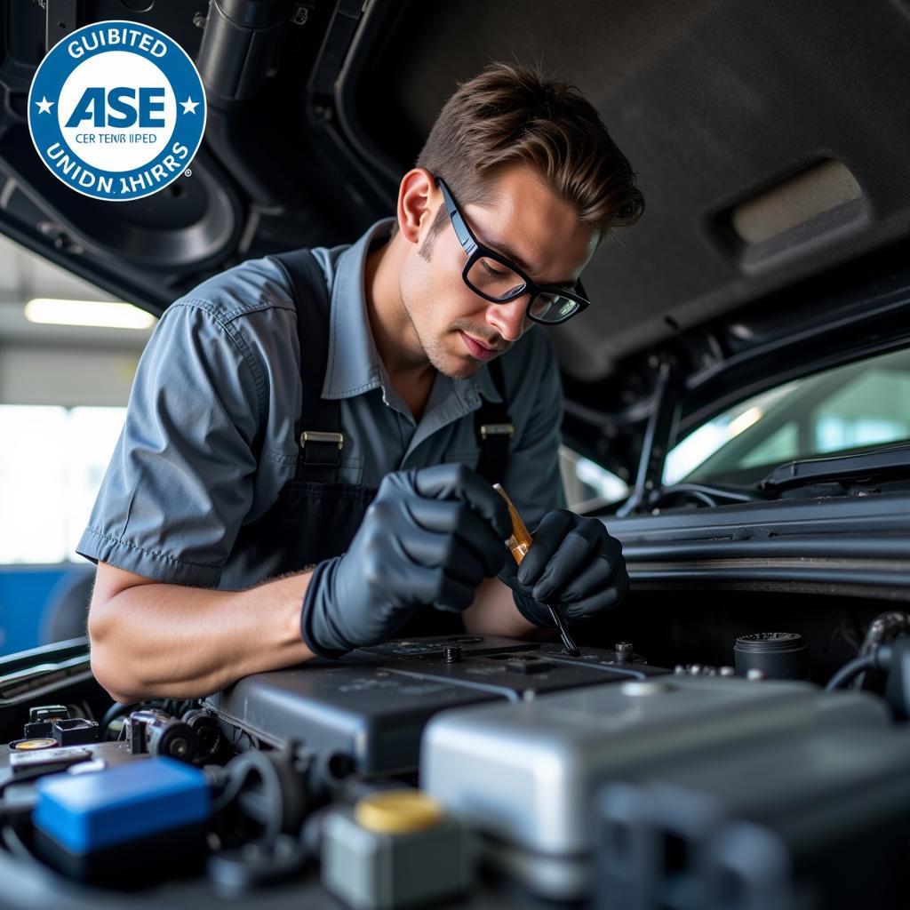 ASE Certified Mechanic Working on a Vehicle