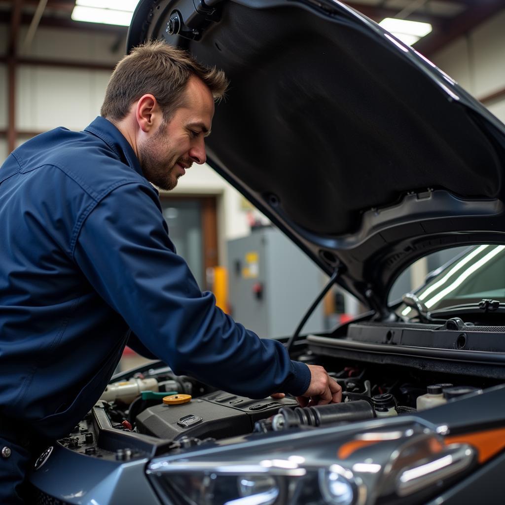 ASE Certified Mechanic Working on Car Engine