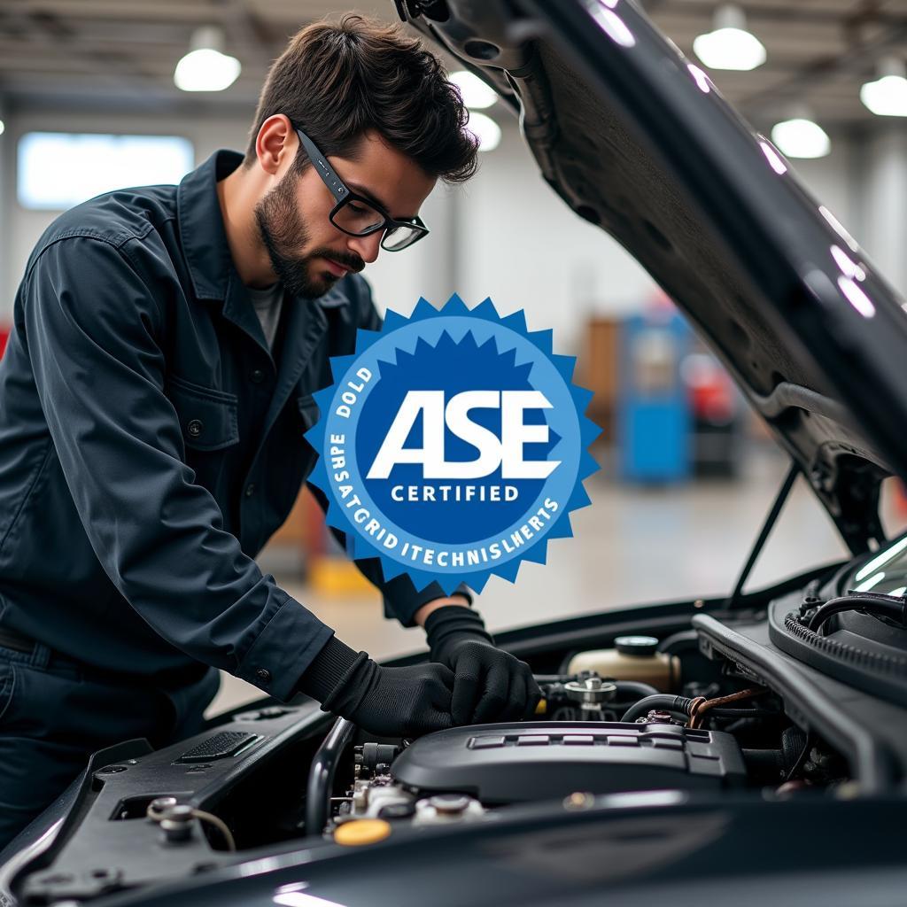 ASE Certified Mechanic Working on Car Engine