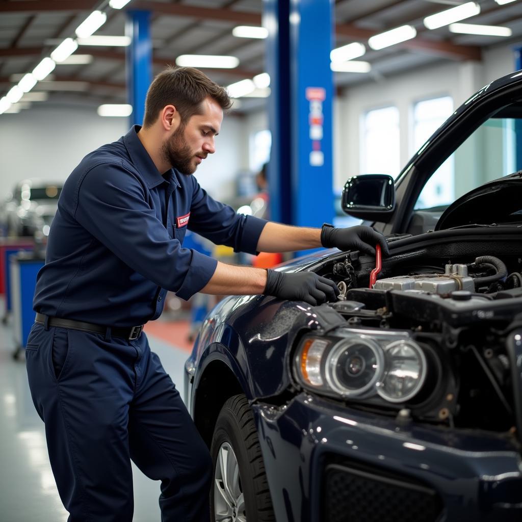 ASE Certified Mechanic Repairing a Damaged Car