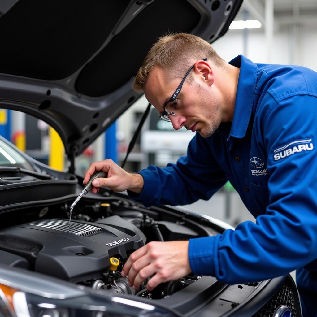 ASE Certified Subaru Technician Performing Engine Maintenance