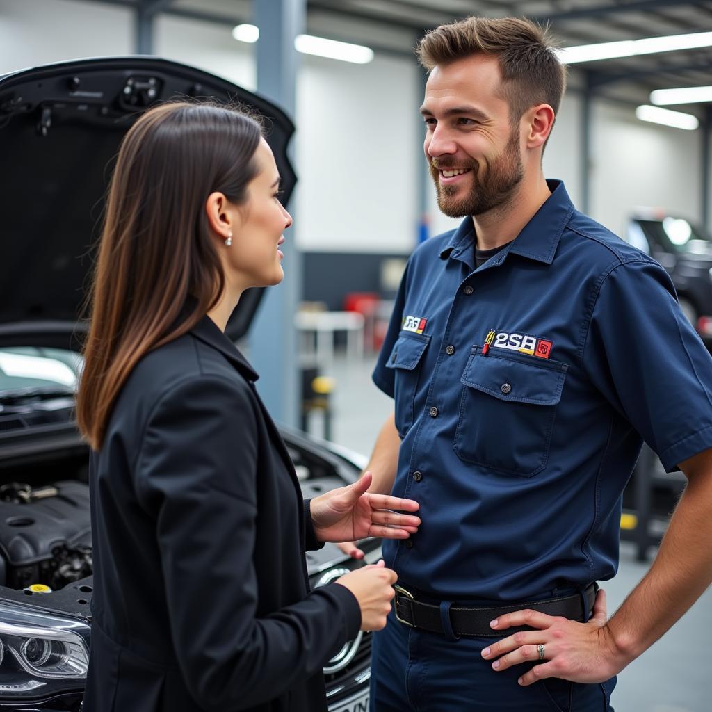 ASE Certified Technician Discussing Engine Replacement with Customer