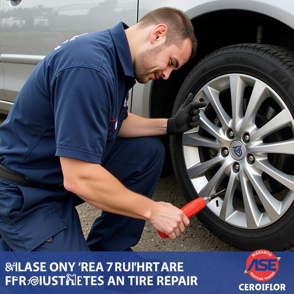 ASE Certified Technician Fixing a Flat Tire