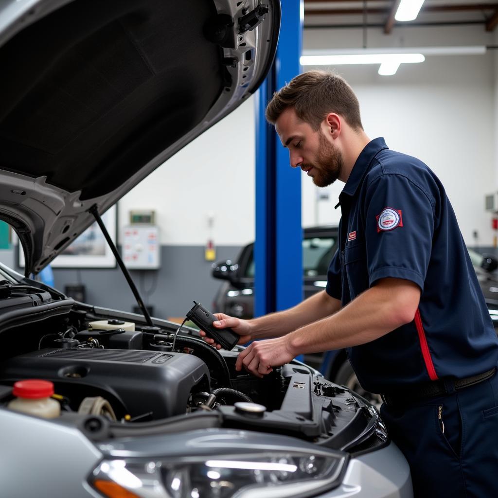 ASE-Certified Technician in Latrobe, PA Working on a Car