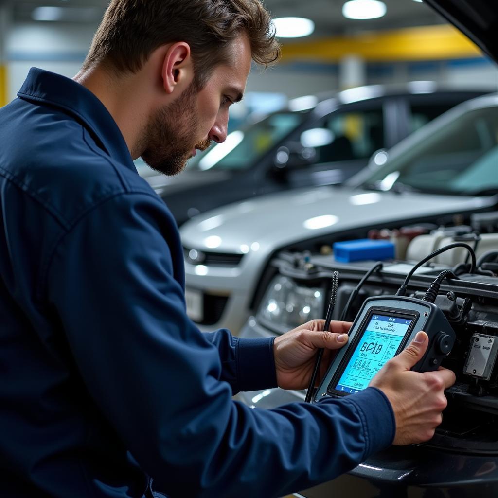 ASE Certified Technician Performing Diagnostic Test on a Car