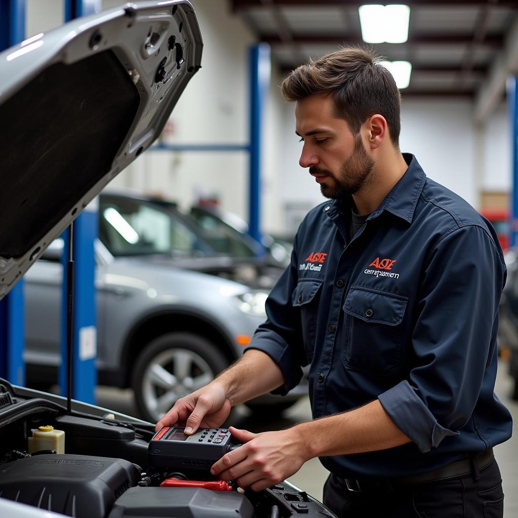 ASE Certified Technician Working in a Garage