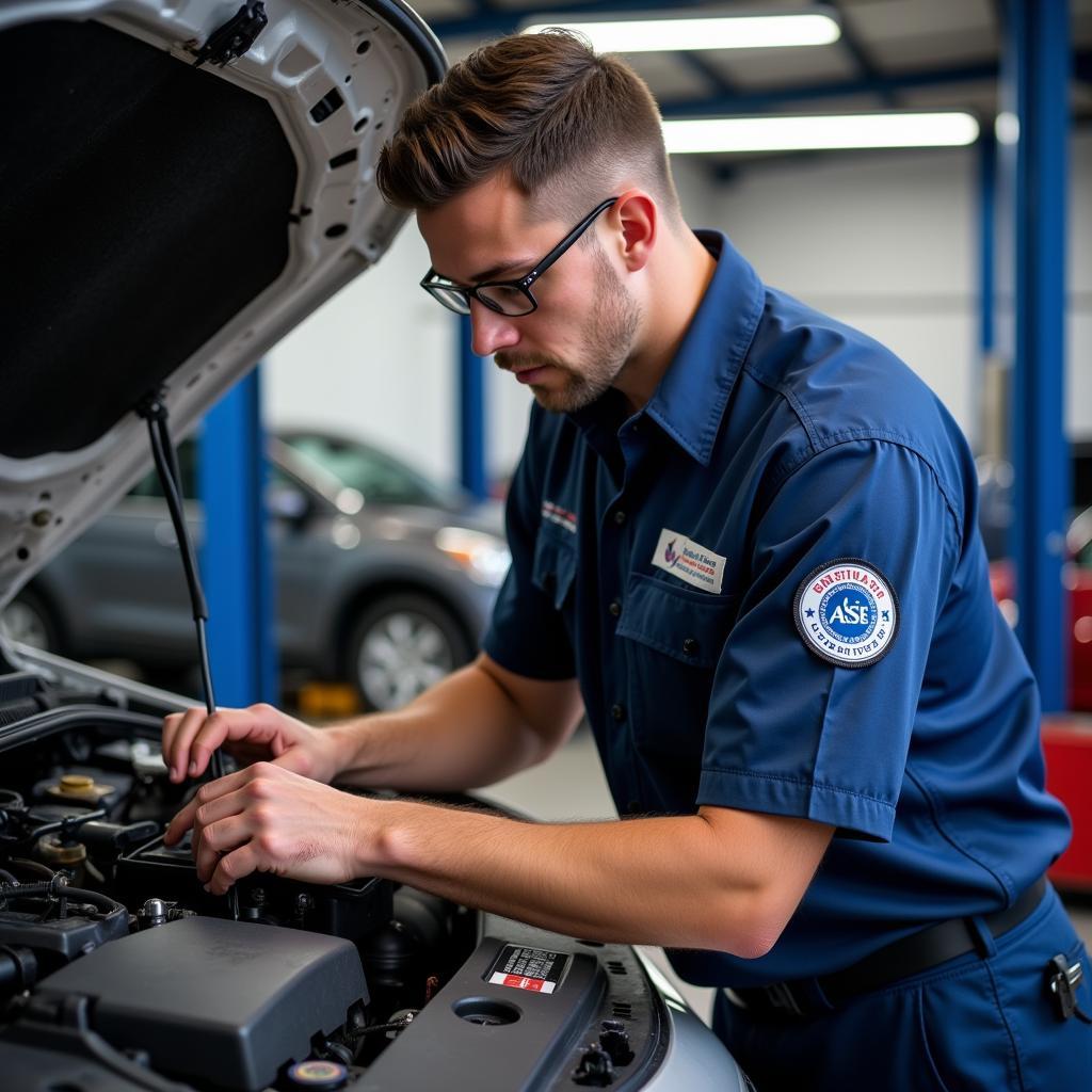 ASE Certified Technician Working on a Vehicle