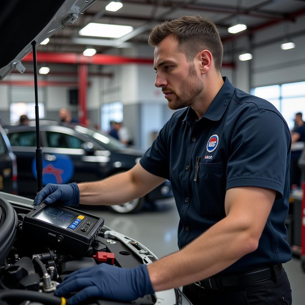 ASE certified technician working diligently in an auto repair shop.