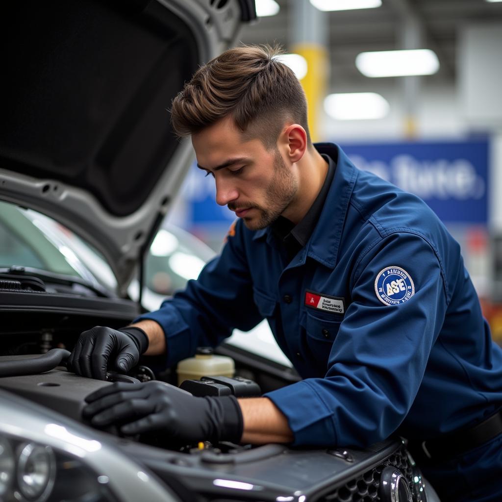 ASE Certified Technician Working on a Car