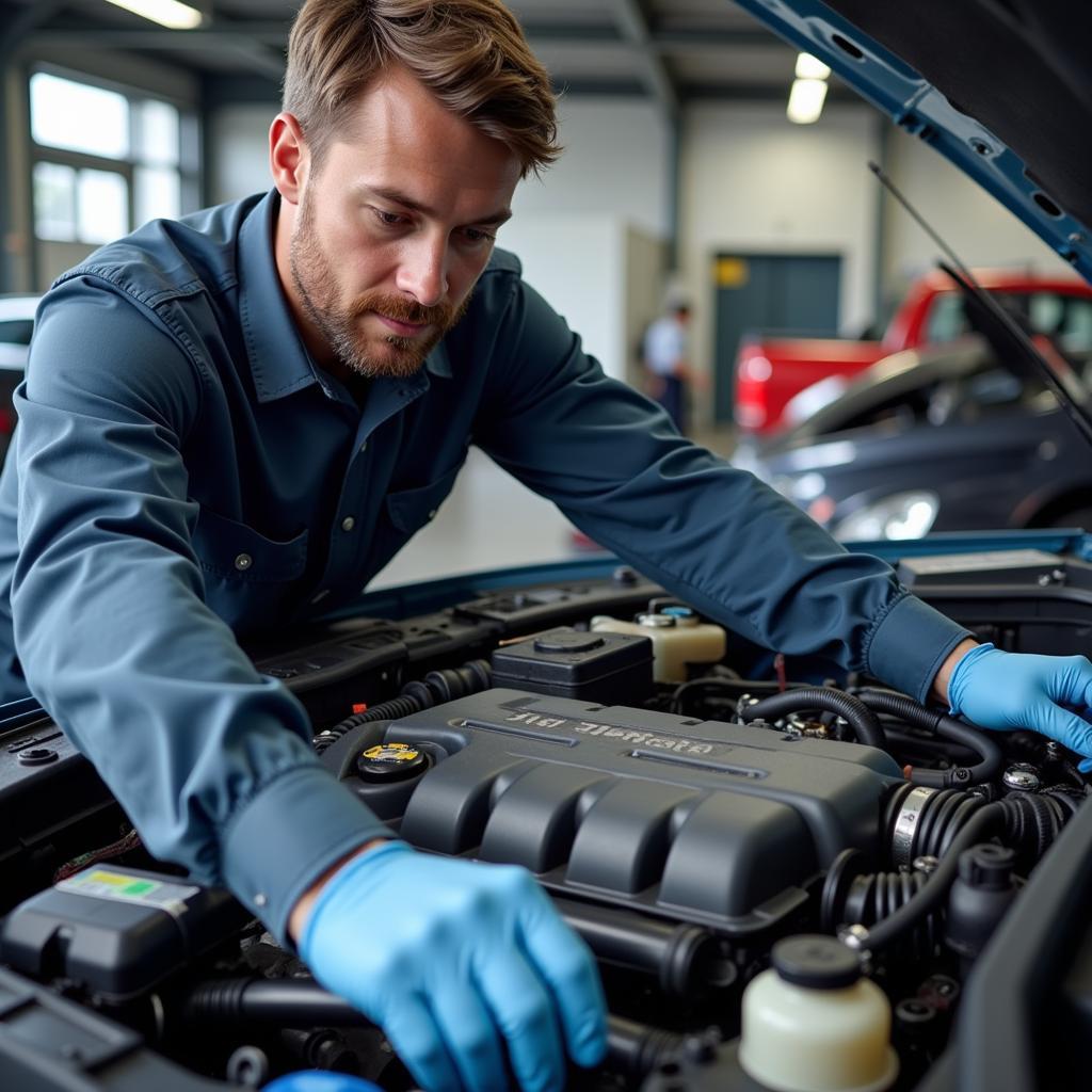 ASE Certified Technician Working on a Car