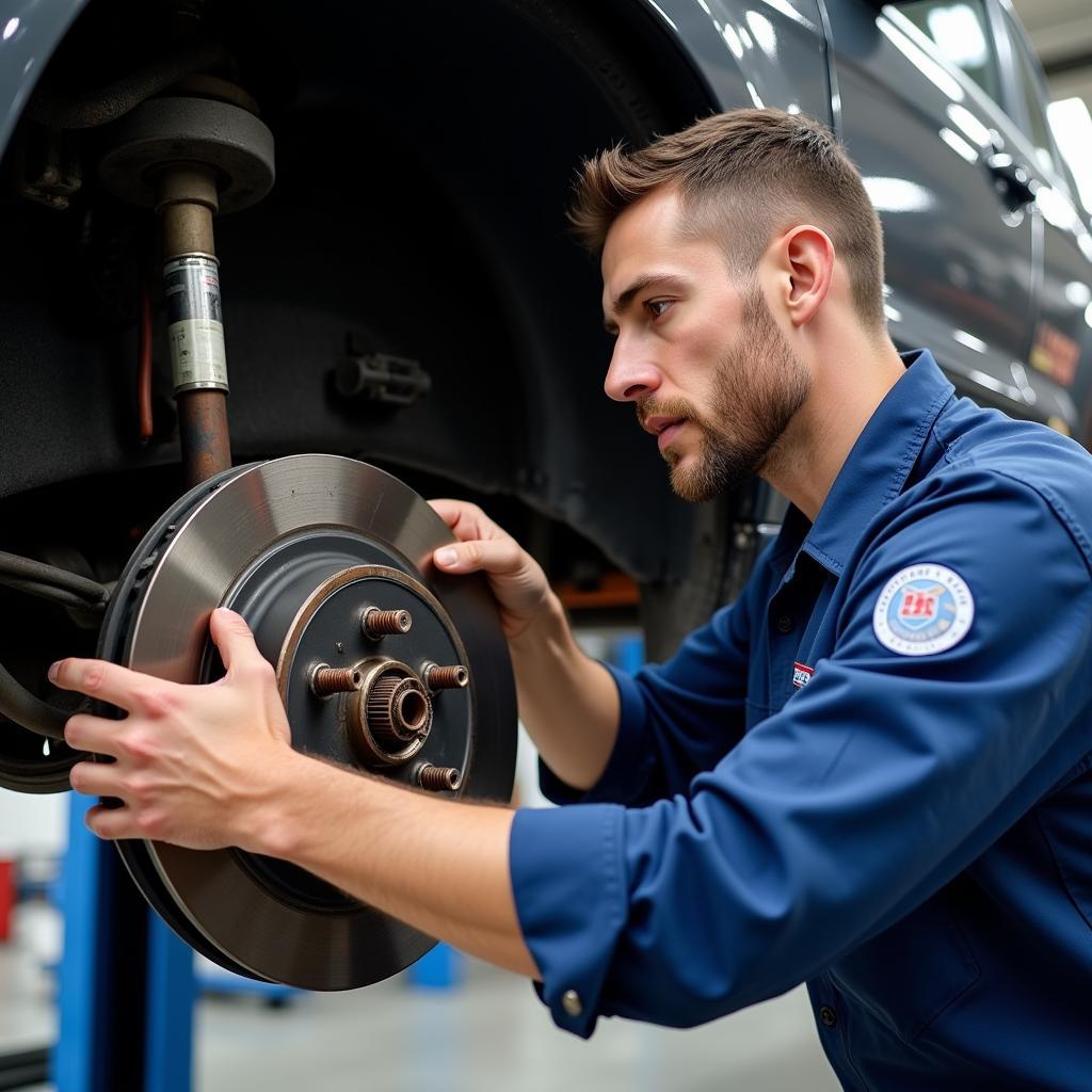 ASE Certified Technician Working on Brakes