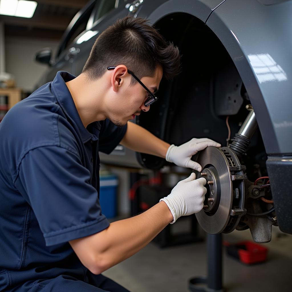 ASE Certified Technician Working on Brakes in Southeast Asia