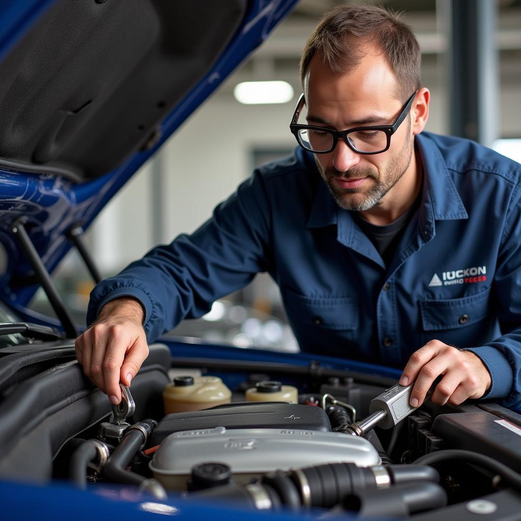 ASE certified technician working on a car's engine