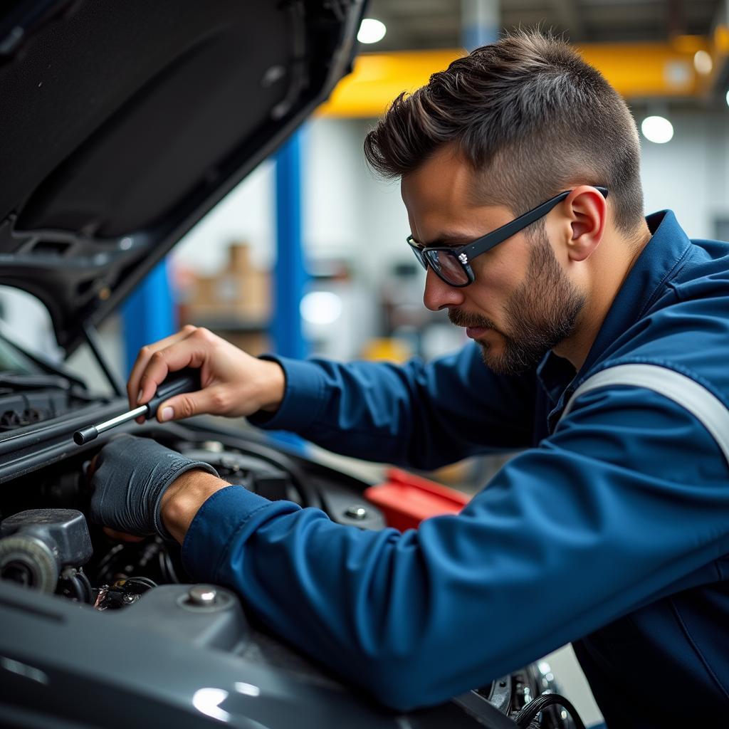 ASE Certified Technician Working on a Car