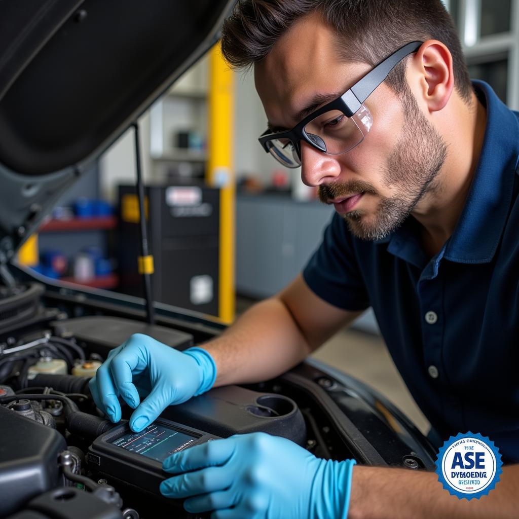 ASE Certified Technician Working on a Car