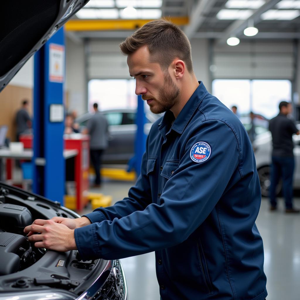 ASE Certified Technician Working on a Car