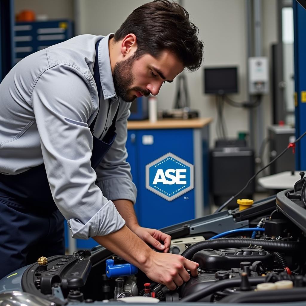 ASE Certified Technician Working on a Car