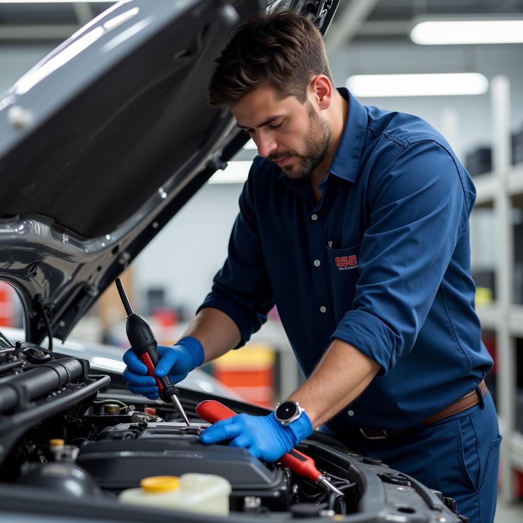 ASE Certified Technician Working on a Car