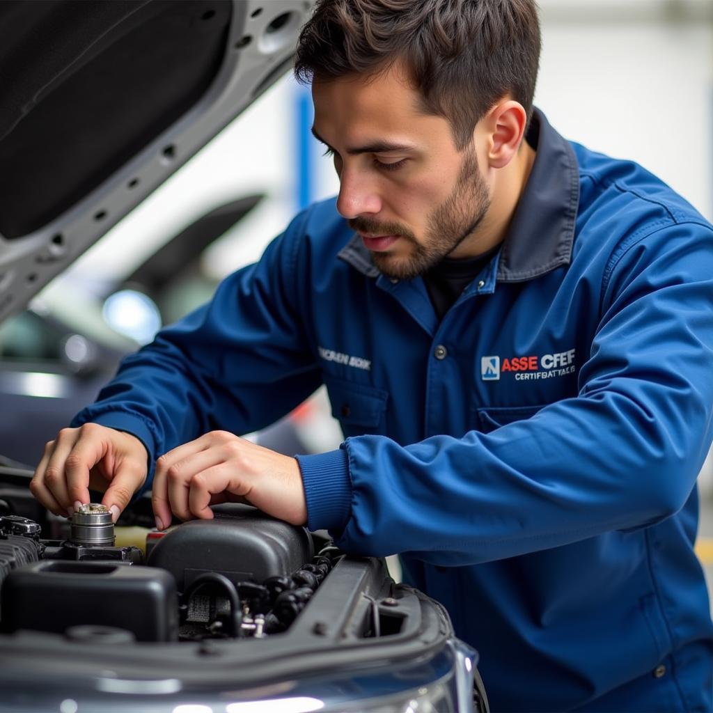 ASE Certified Technician Working on a Car