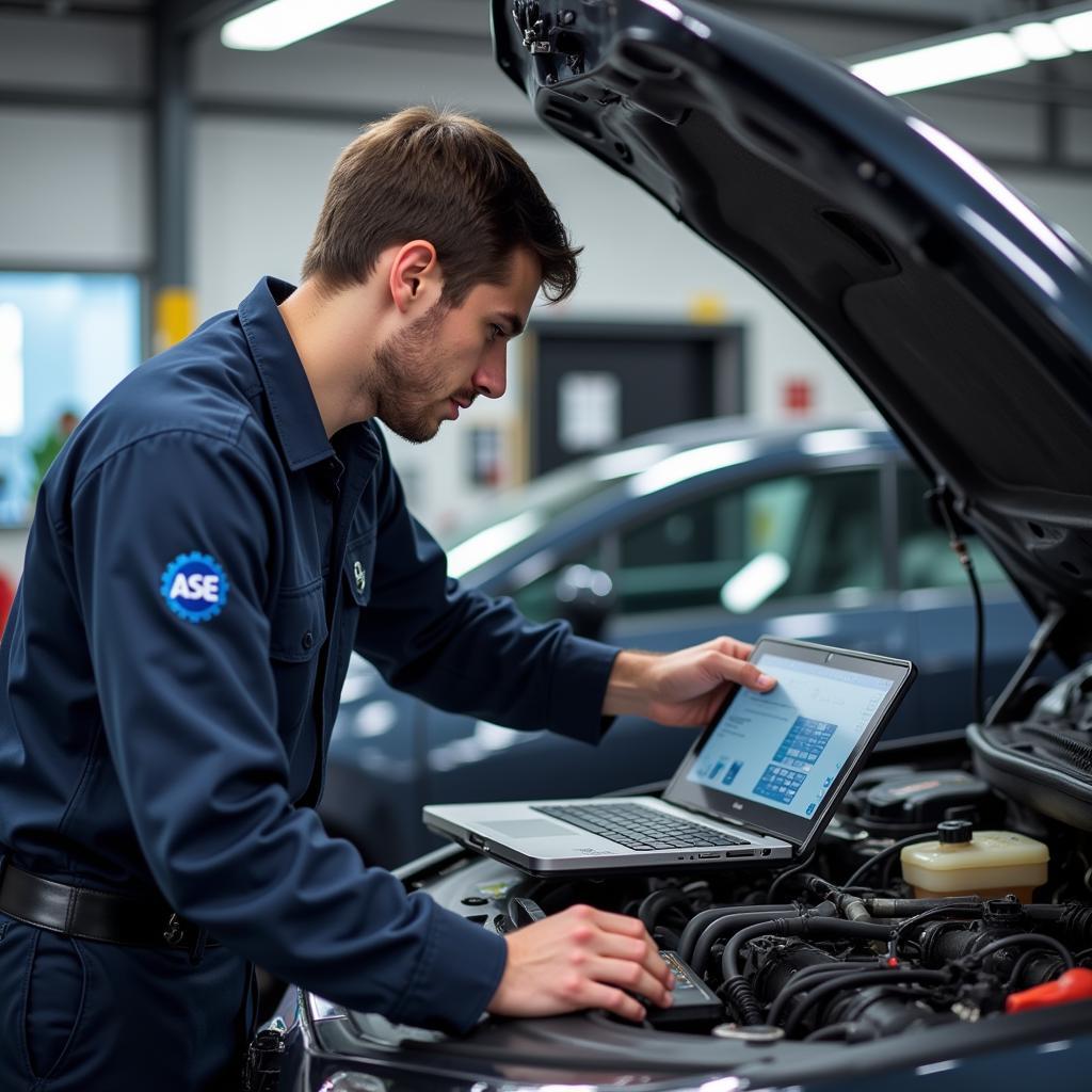 ASE Certified Technician Working on a Car