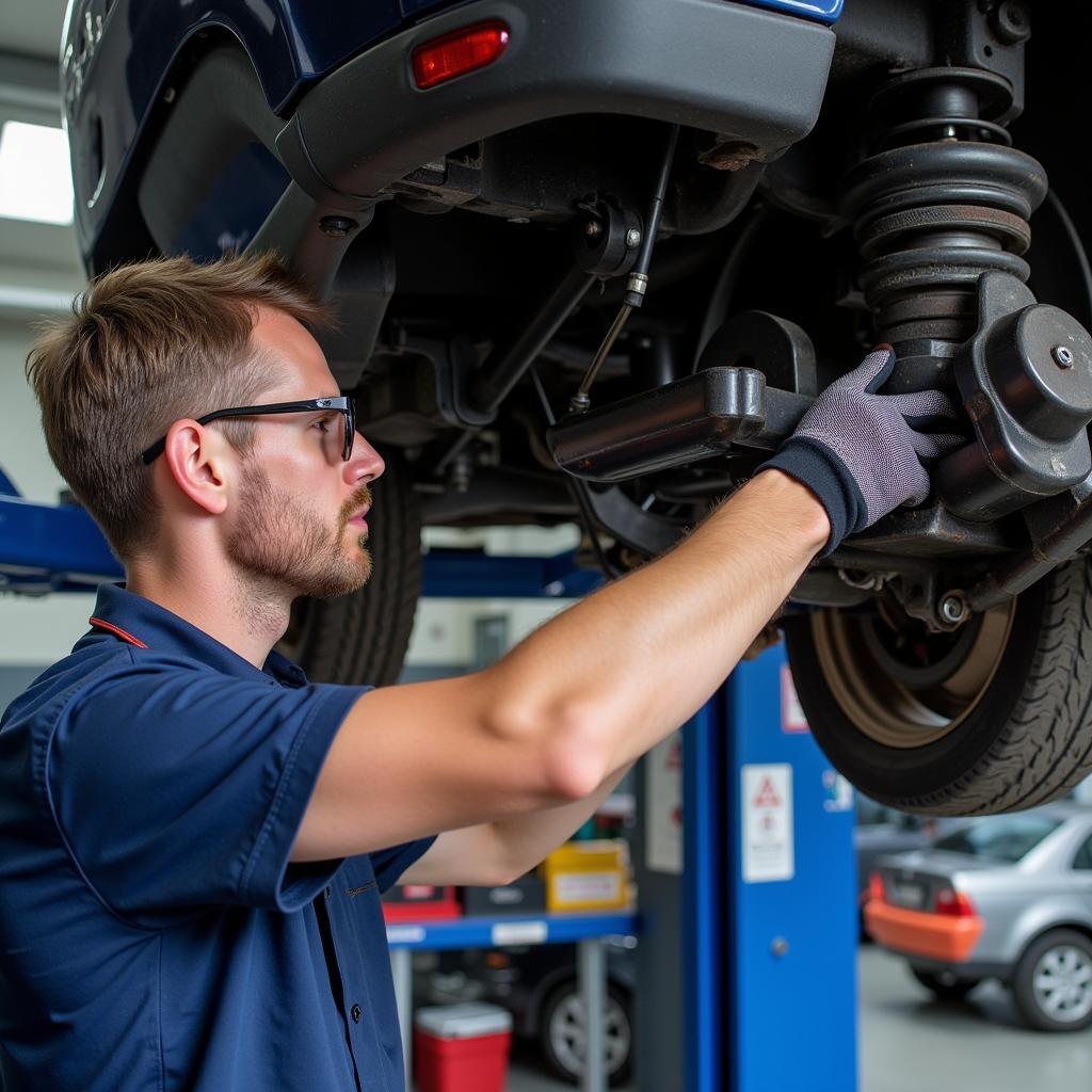 ASE Certified Technician Working on a Car's Suspension