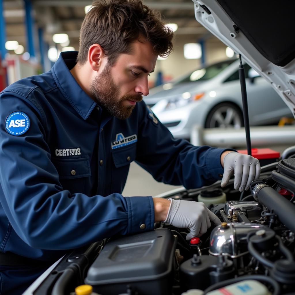 ASE Certified Technician Working on a Car's Engine