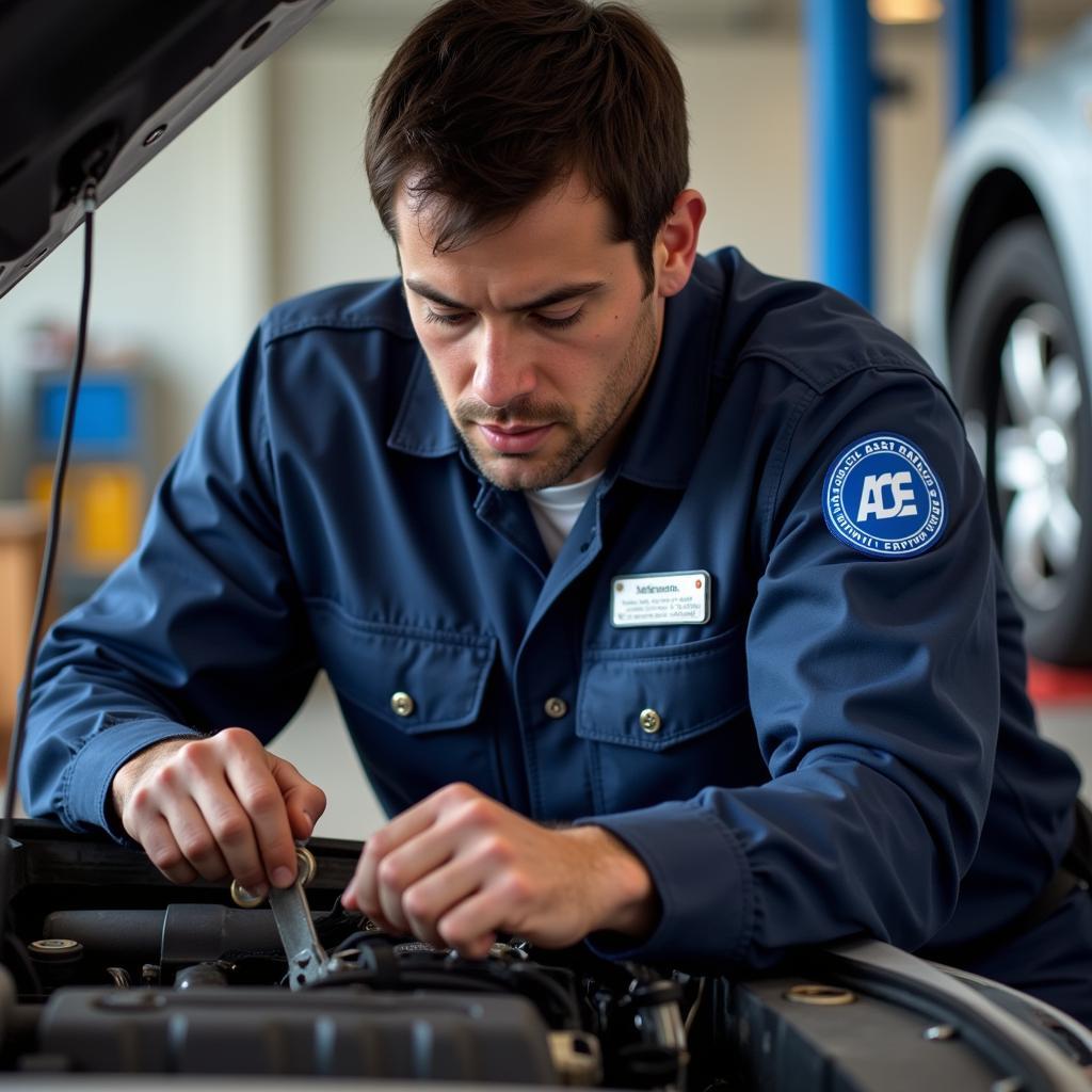 ASE Certified Technician Performing Car Maintenance