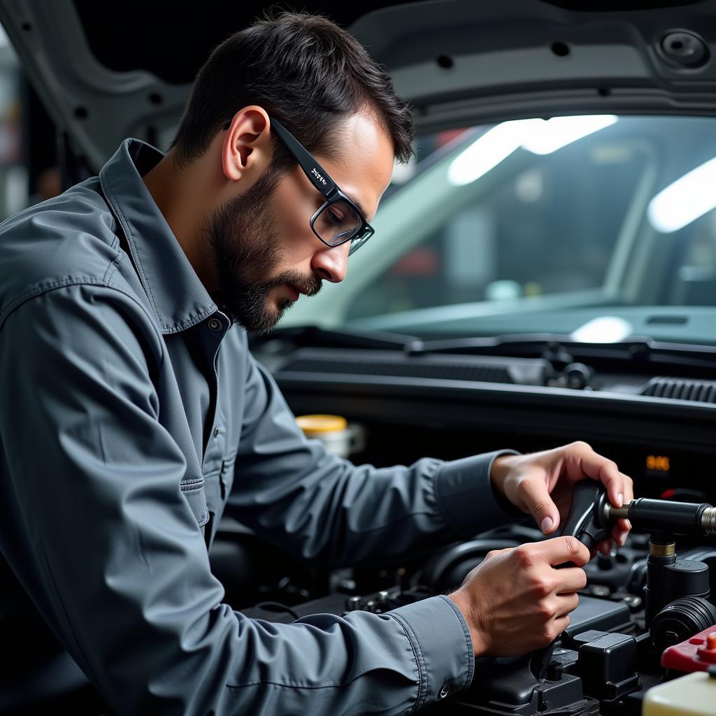 ASE Certified Technician Working on a Car Engine