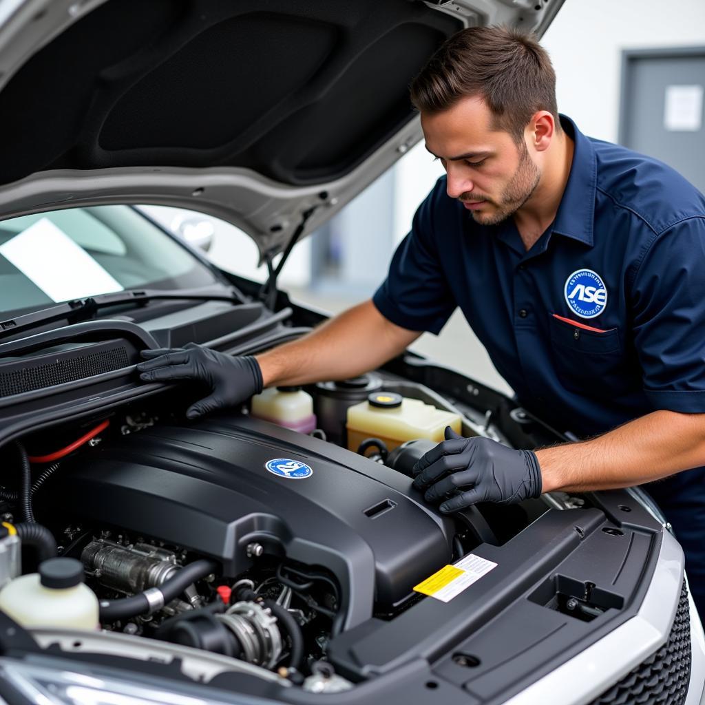 ASE Certified Technician Working on Car Engine