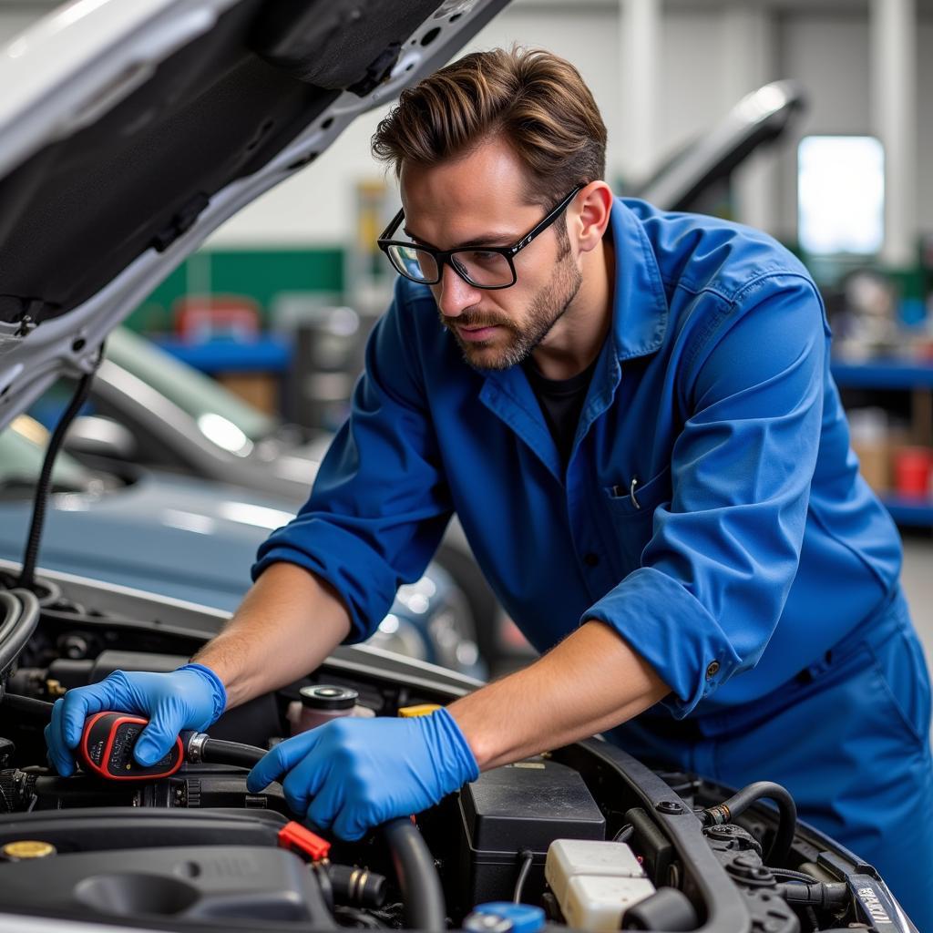 ASE Certified Technician Performing Engine Diagnostics