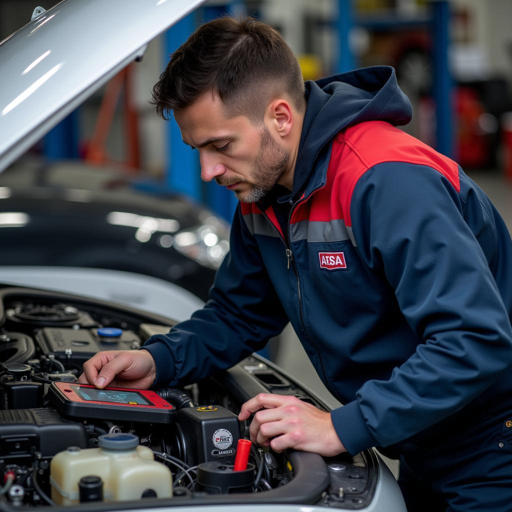 ASE Certified Technician Working on Car Engine