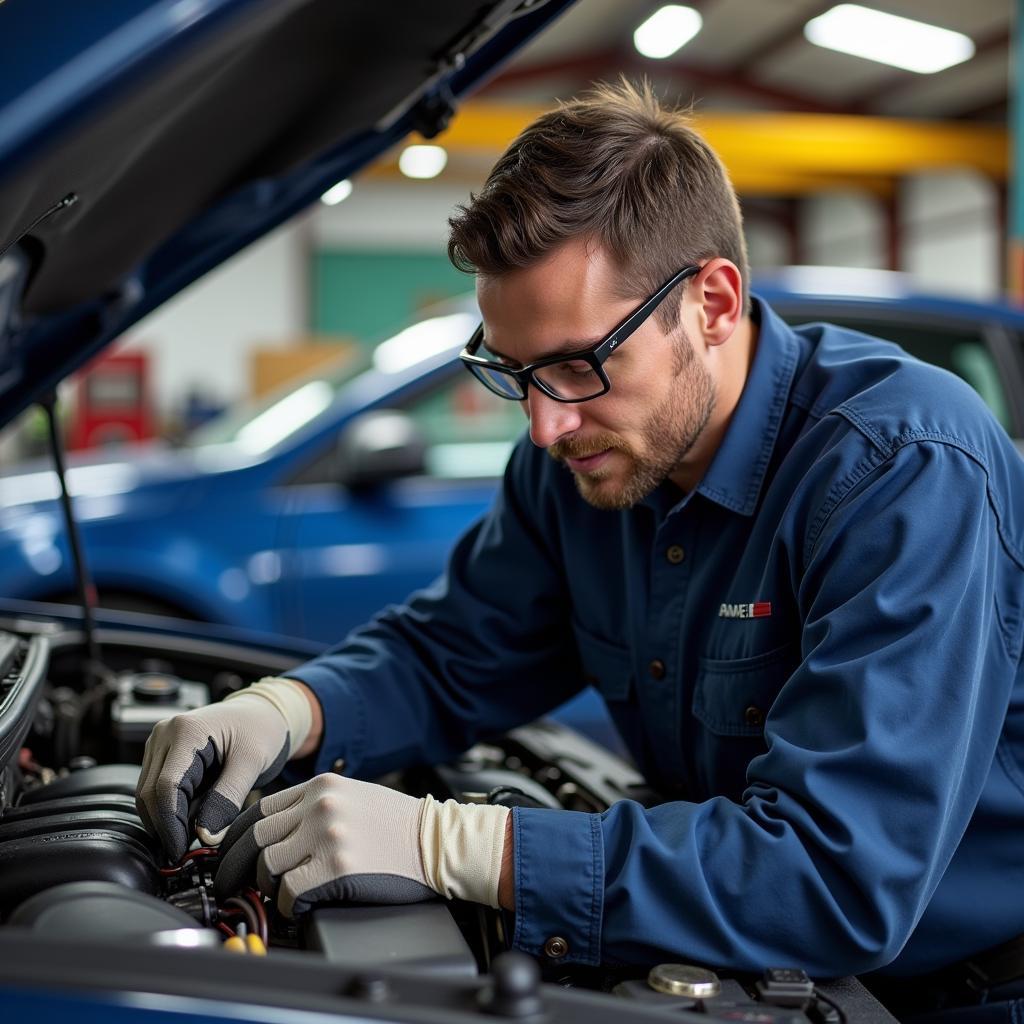 ASE Certified Technician Working on Car Engine