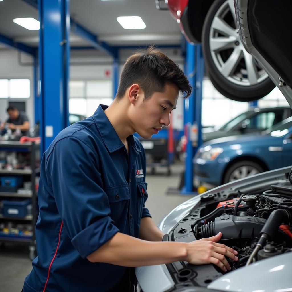 ASE Certified Technician Working on a Car in Southeast Asia