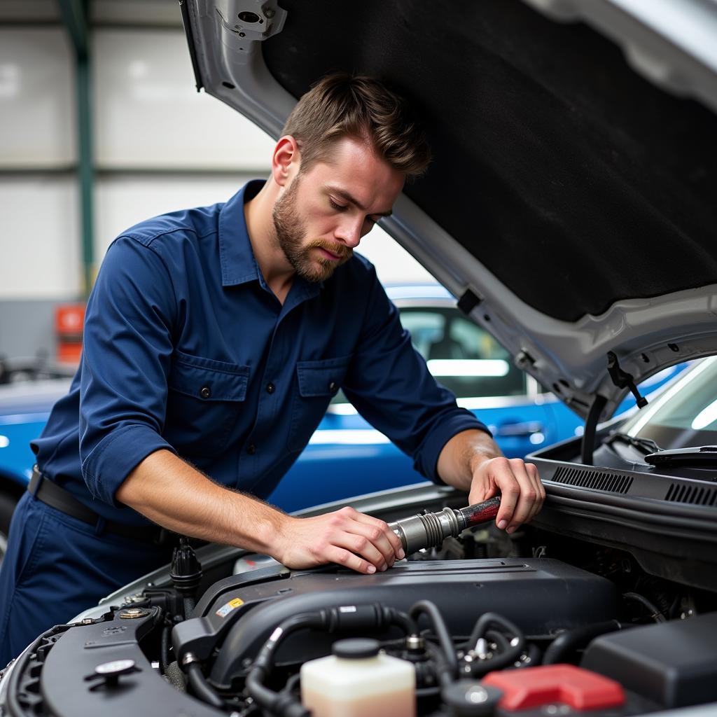 ASE Certified Technician Working on Engine